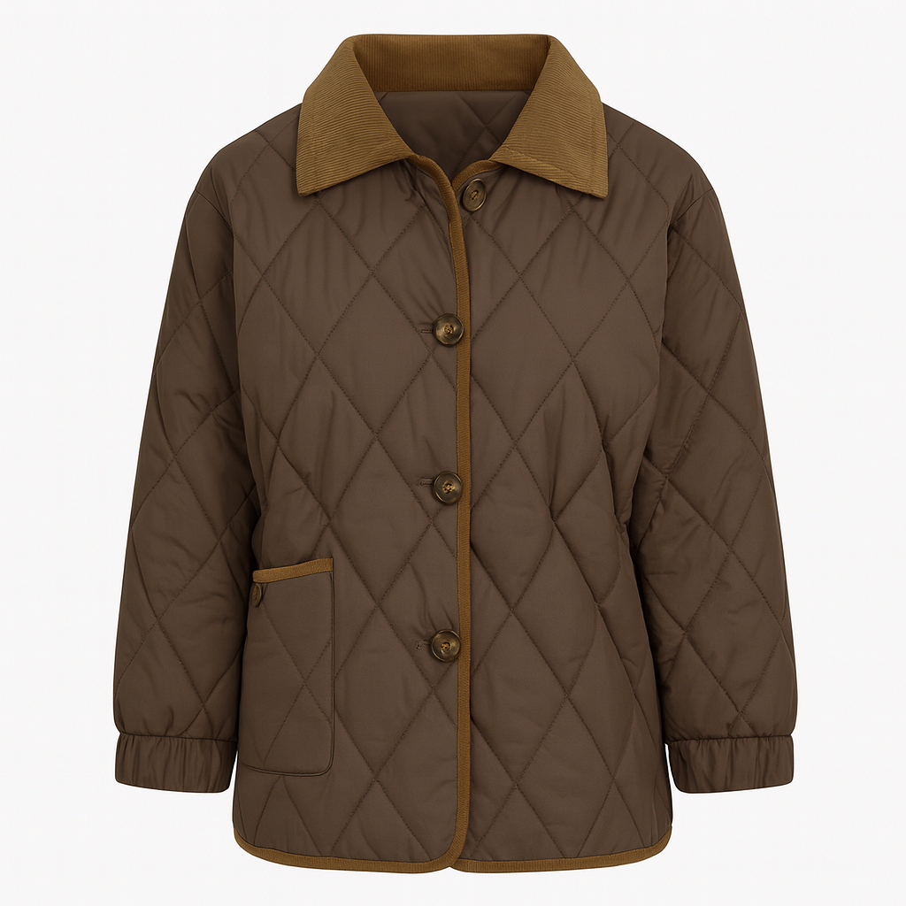 Quilted jacket with a collared neckline, snap button closure, and front pockets.