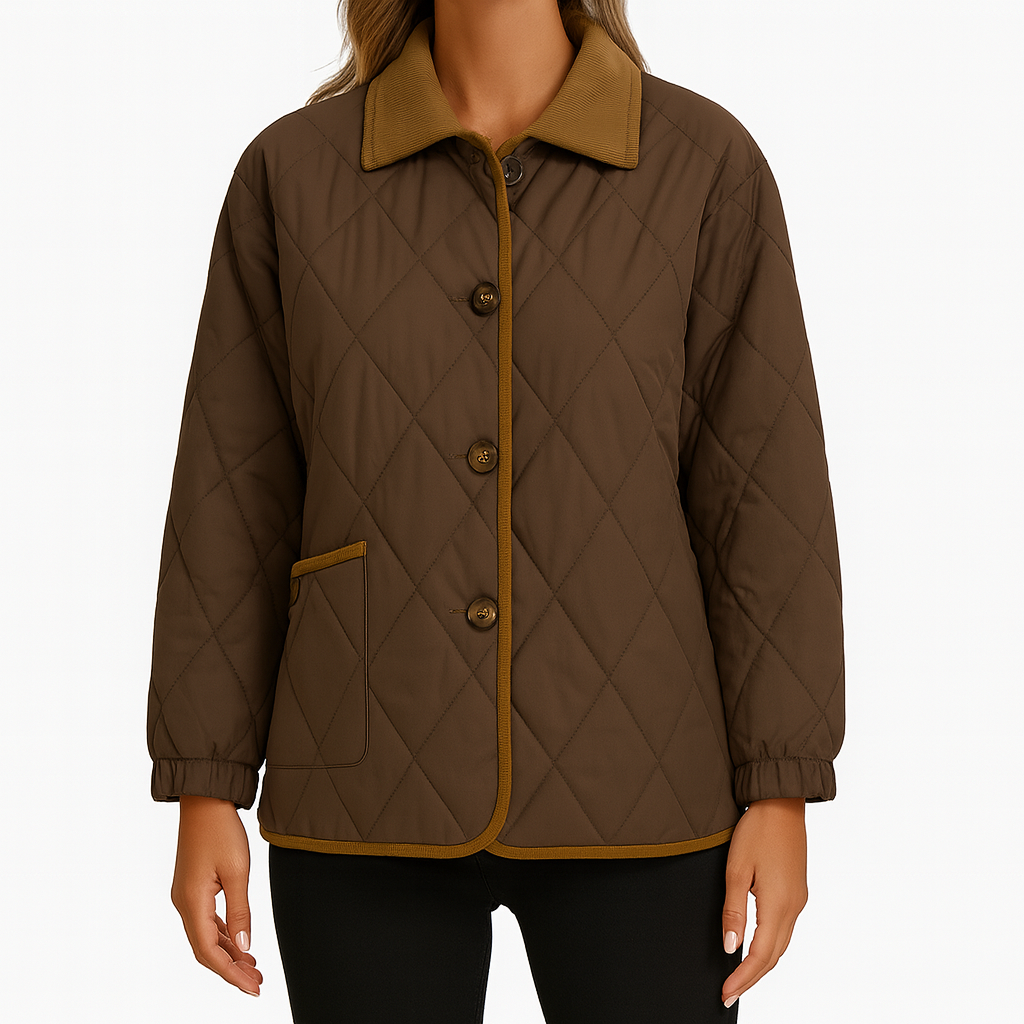 Quilted jacket with a collared neckline, snap button closure, and front pockets.