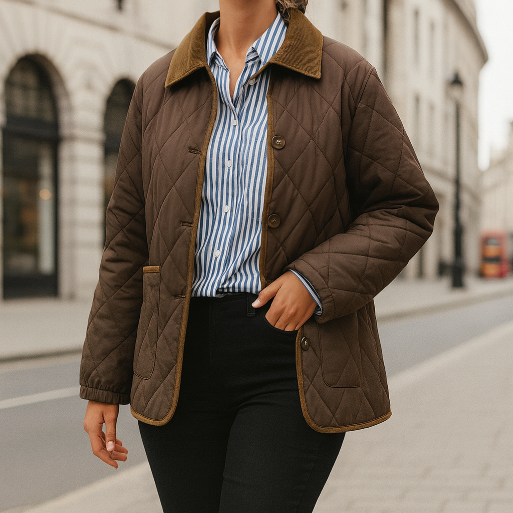 Quilted jacket with a collared neckline, snap button closure, and front pockets.