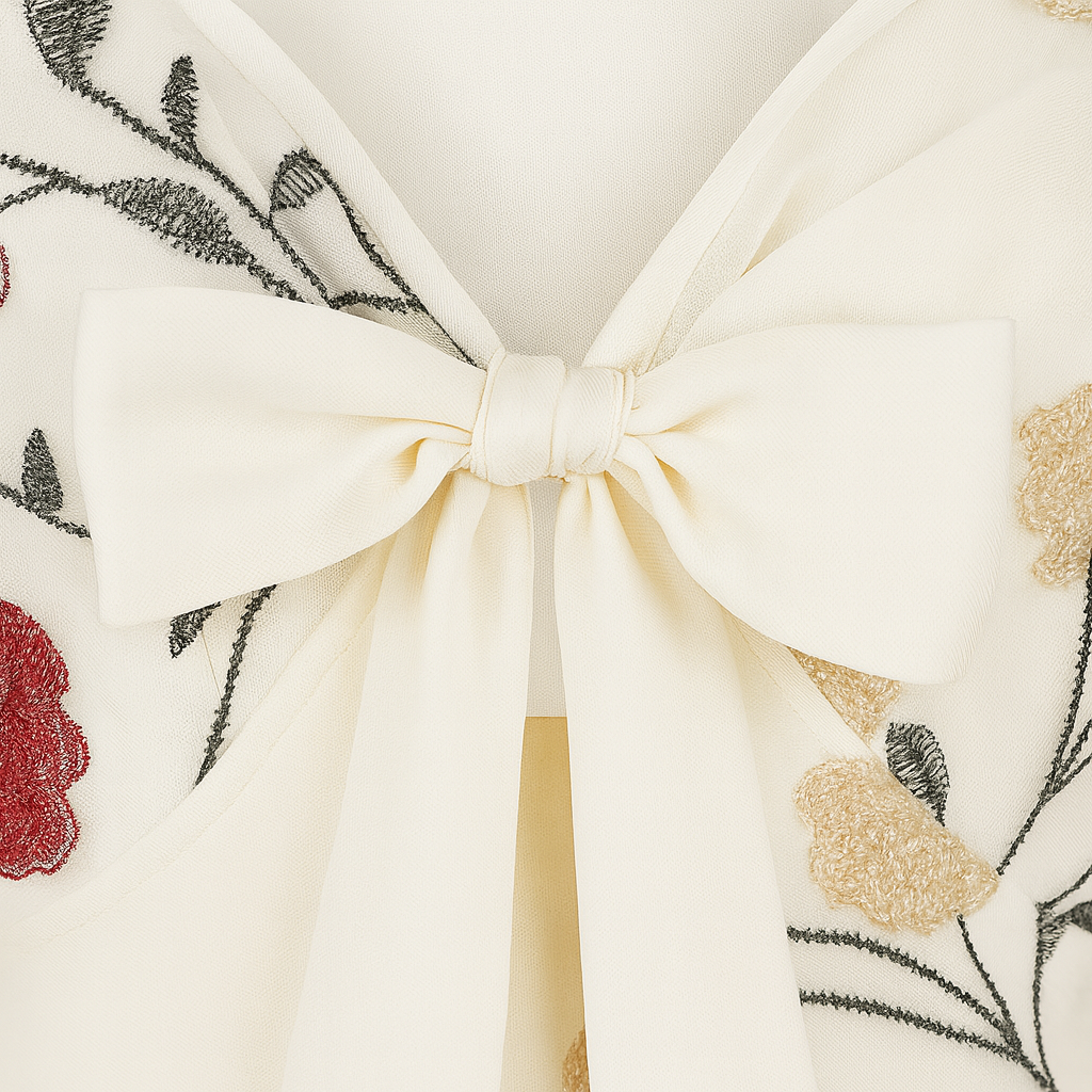 Long-sleeve sheer blouse with a fitted waist, front bow tie, and floral embroidery.