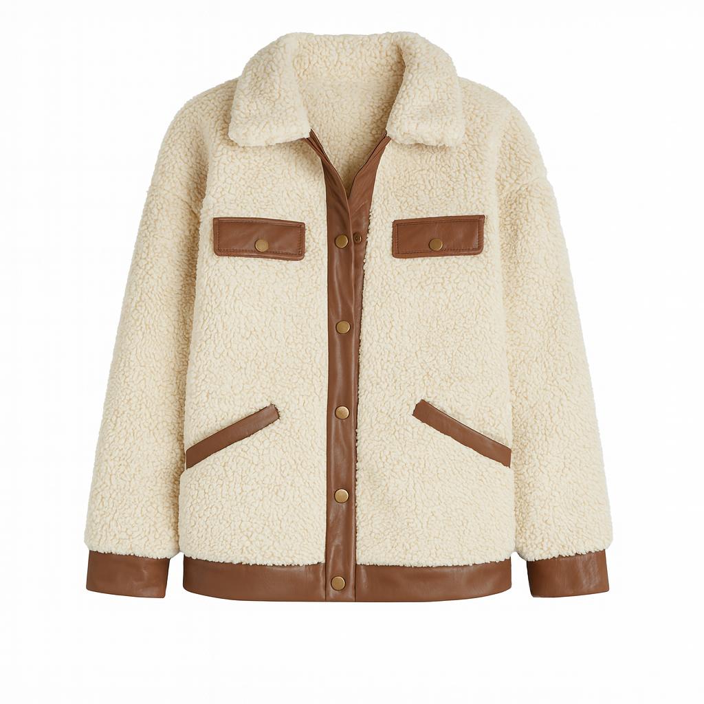 Sherpa jacket with a collared neckline, snap button closure, flap chest pockets, and contrast trim details.