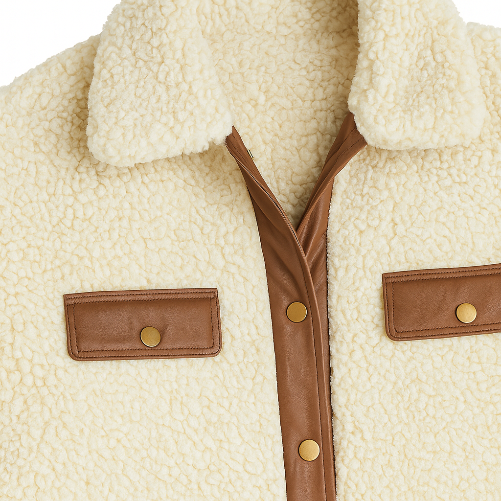 Sherpa jacket with a collared neckline, snap button closure, flap chest pockets, and contrast trim details.