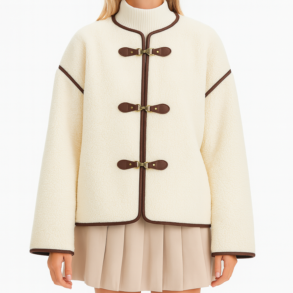 Fleece jacket with a round neckline, front toggle closures, and contrast trim edging.