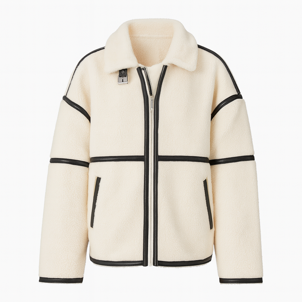 Fleece jacket with a front zipper, stand collar with buckle detail, and contrast trim accents.