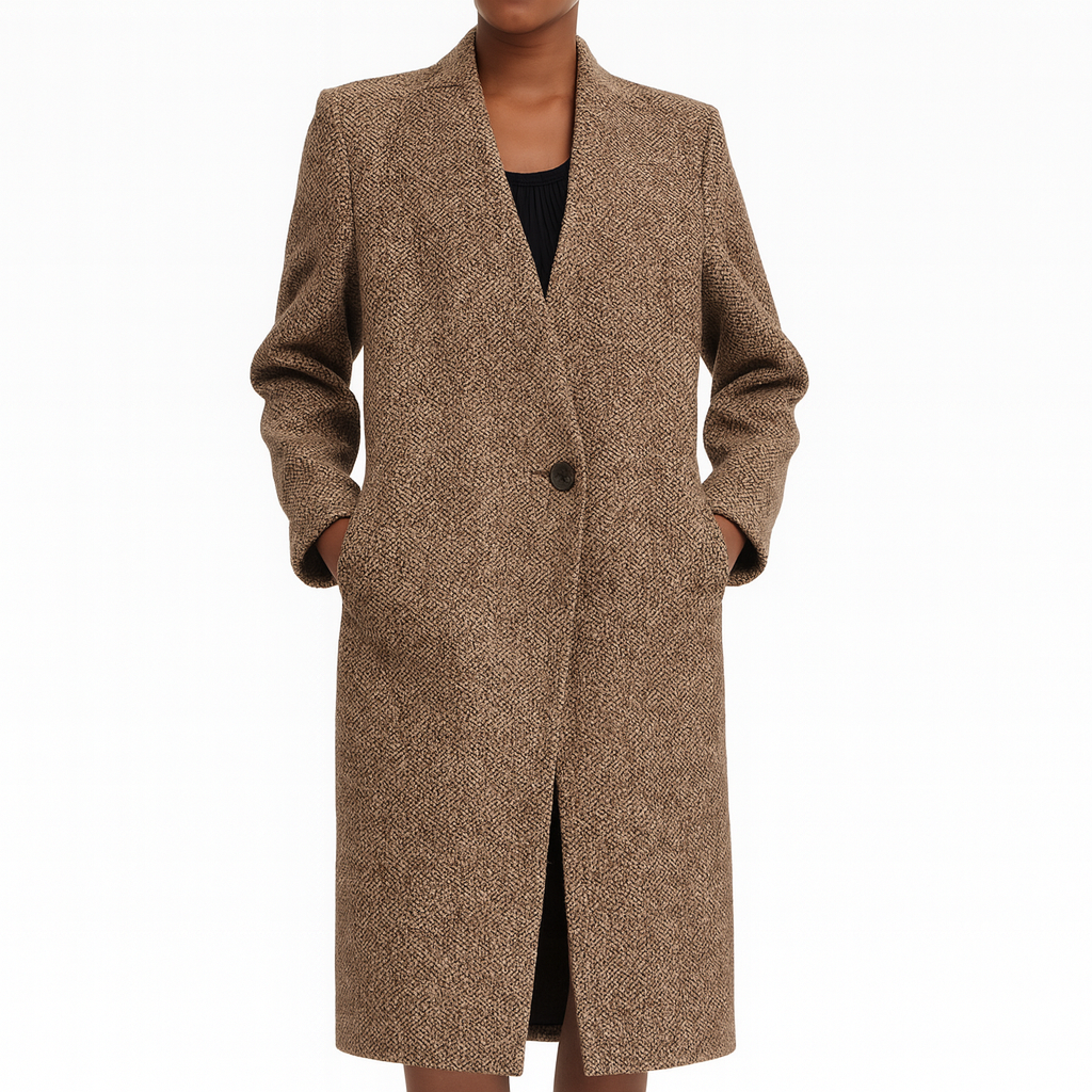 Long tailored coat with a notched lapel collar, single-button closure, and side pockets.