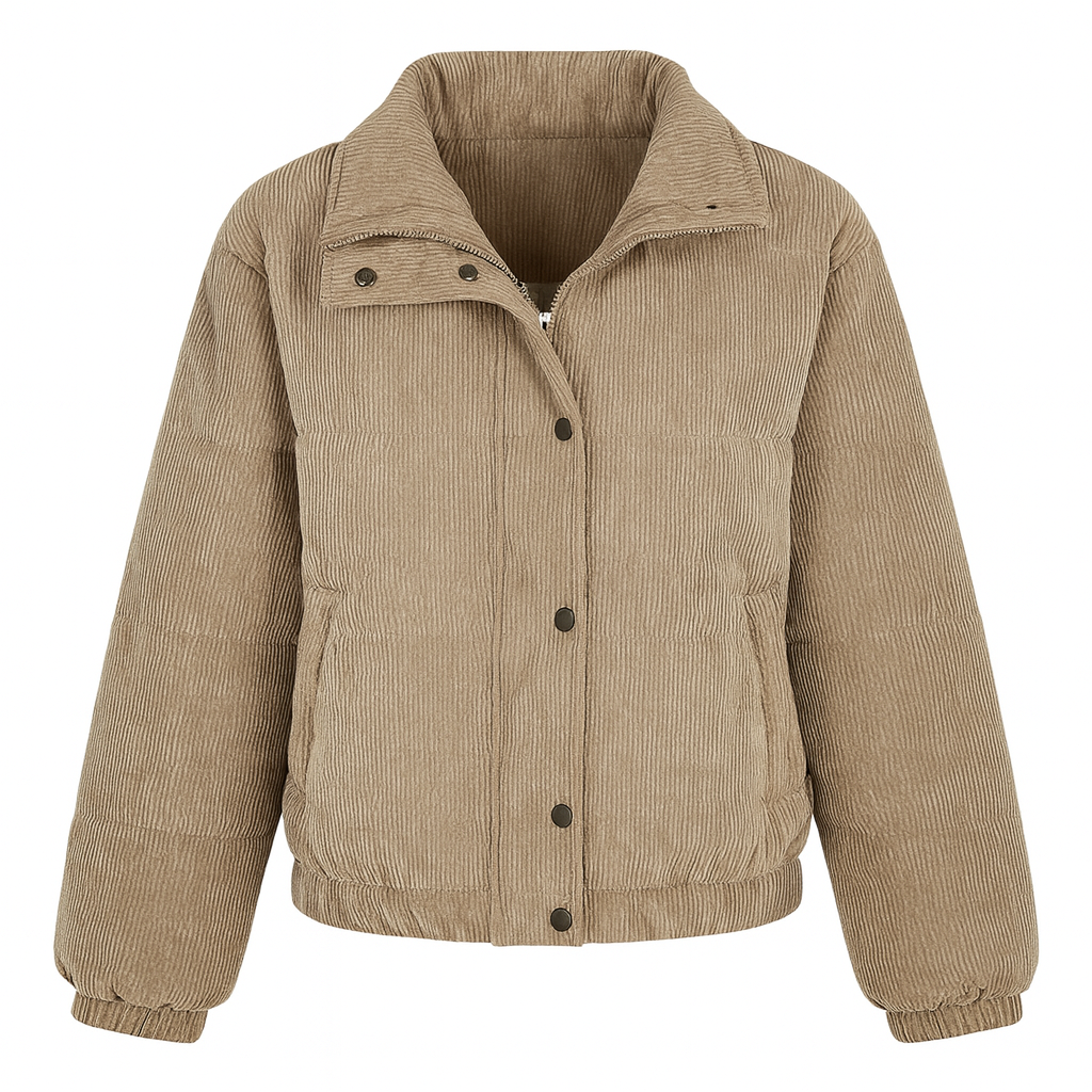 Corduroy puffer jacket with a front zipper, snap buttons, long sleeves, and a stand collar.