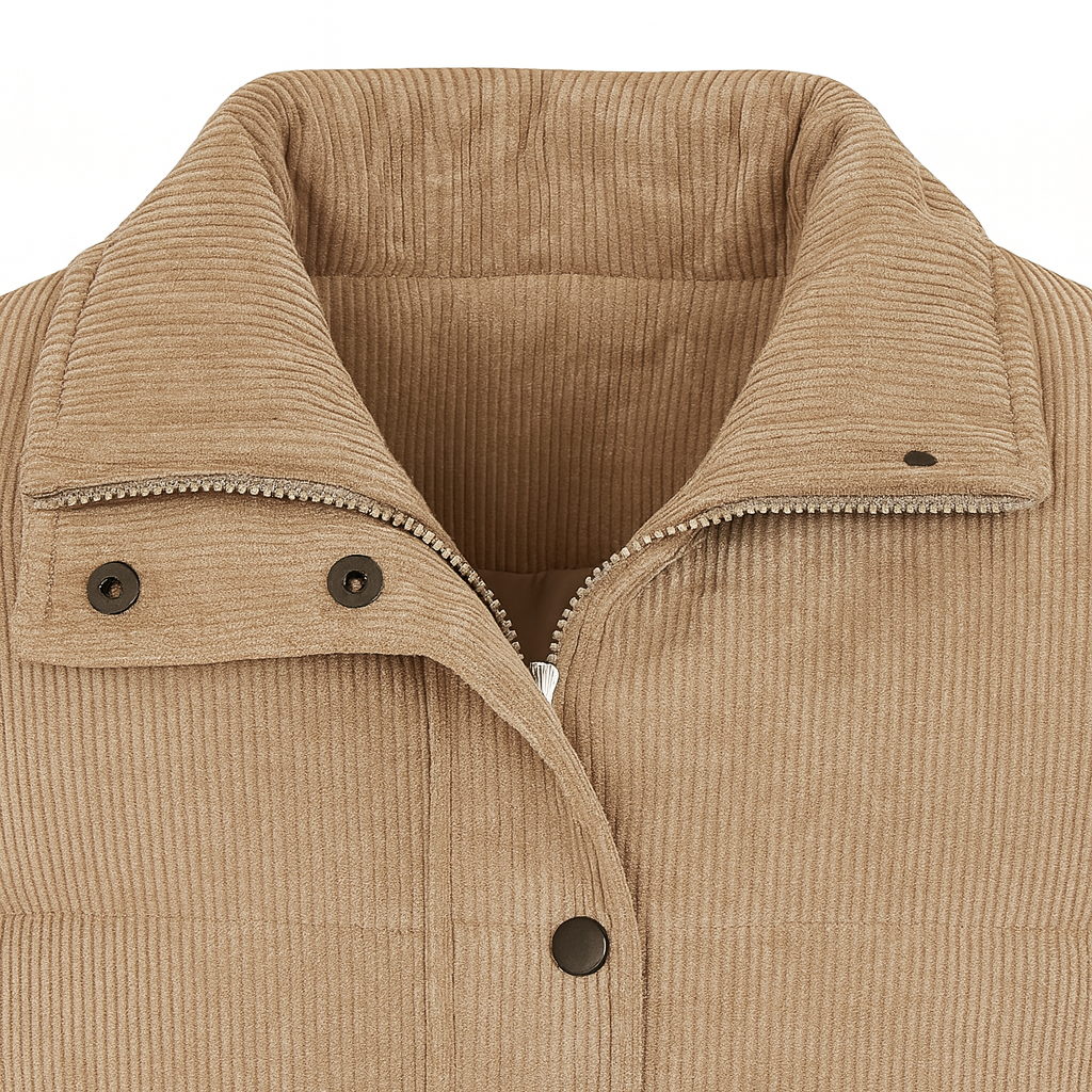 Corduroy puffer jacket with a front zipper, snap buttons, long sleeves, and a stand collar.