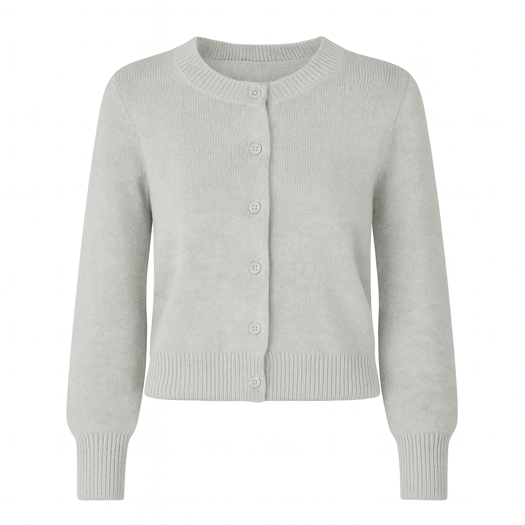 Long-sleeve knit cardigan with a crew neckline, front button closure, and ribbed cuffs and hem.