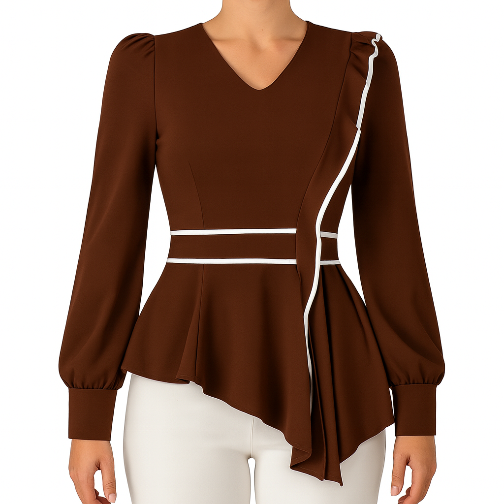 Long-sleeve blouse with a V-neckline, asymmetrical ruffle trim, fitted waist, and puffed cuffs.