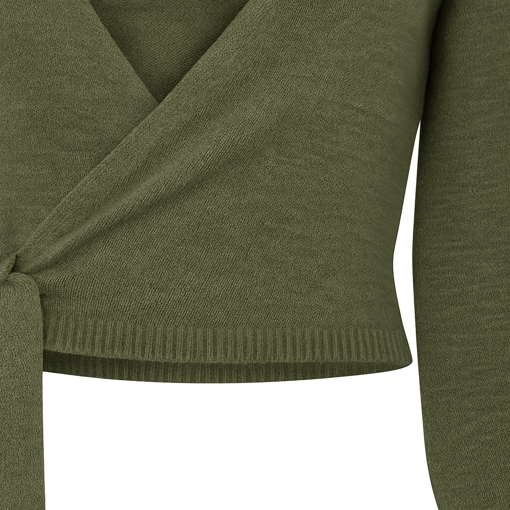 Long-sleeve wrap sweater with a V-neckline, tie closure at the side, and ribbed cuffs and hem.