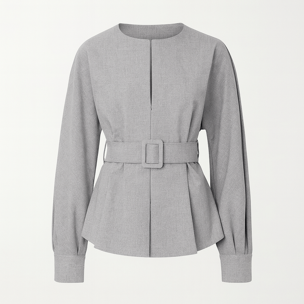 Long-sleeve blouse with a round neckline, front slit detail, belted waist, and wide cuffs.