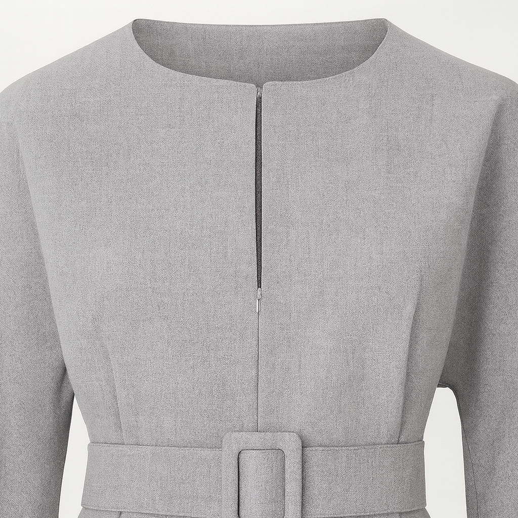 Long-sleeve blouse with a round neckline, front slit detail, belted waist, and wide cuffs.