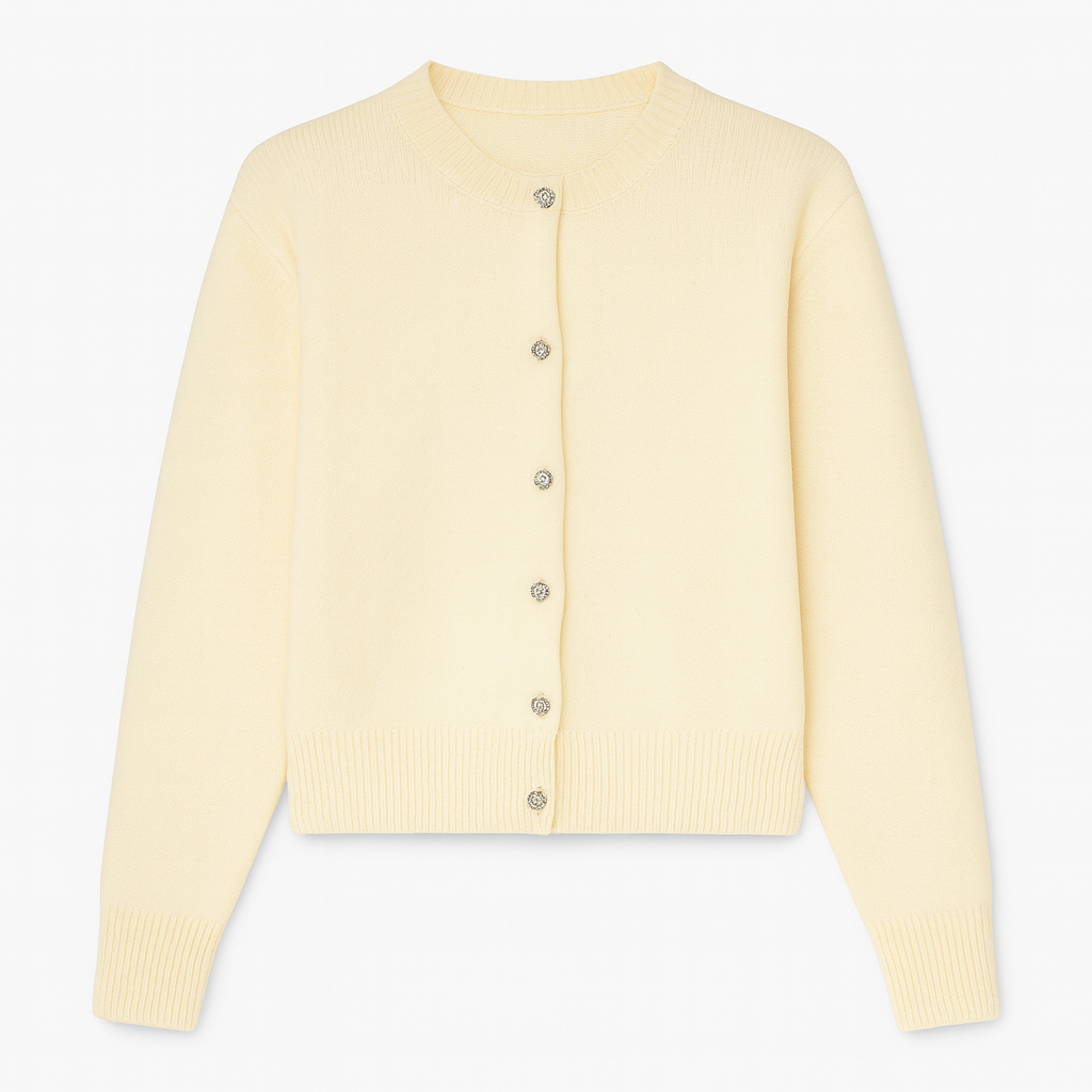 Long-sleeve knitted cardigan with a crew neckline, front button closure, and ribbed cuffs and hem.