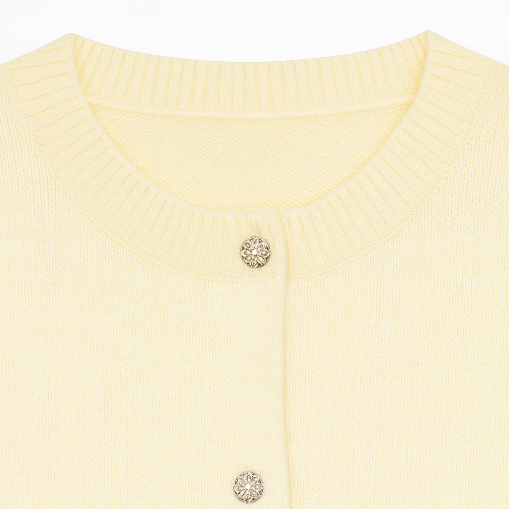 Long-sleeve knitted cardigan with a crew neckline, front button closure, and ribbed cuffs and hem.