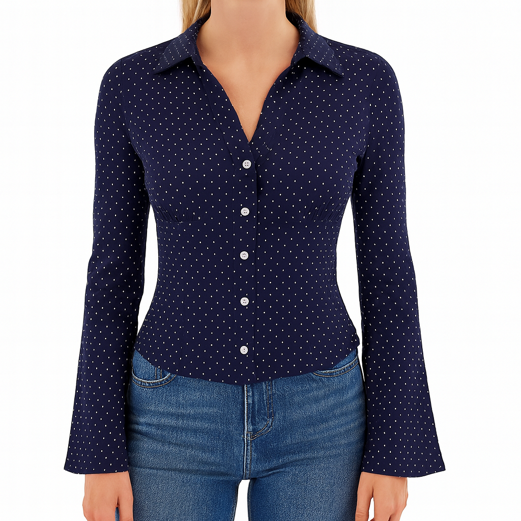 Long-sleeve fitted blouse with a collared neckline, button-down front, and flared cuffs.