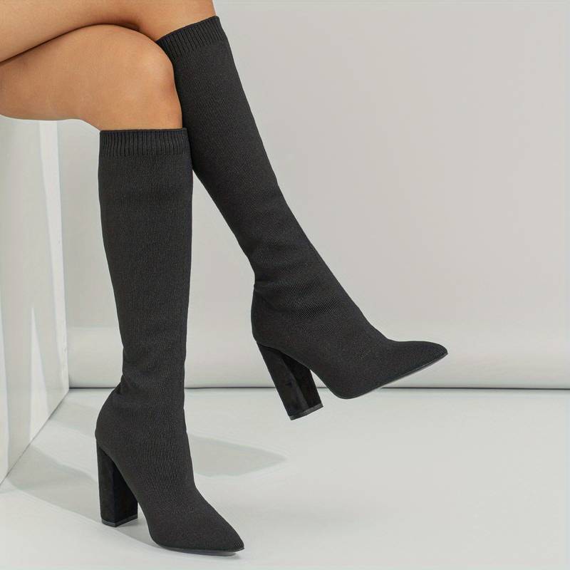 Isla Ribbed Knit Block Heel Sock Boots | Solid Knee-High Sock Boots