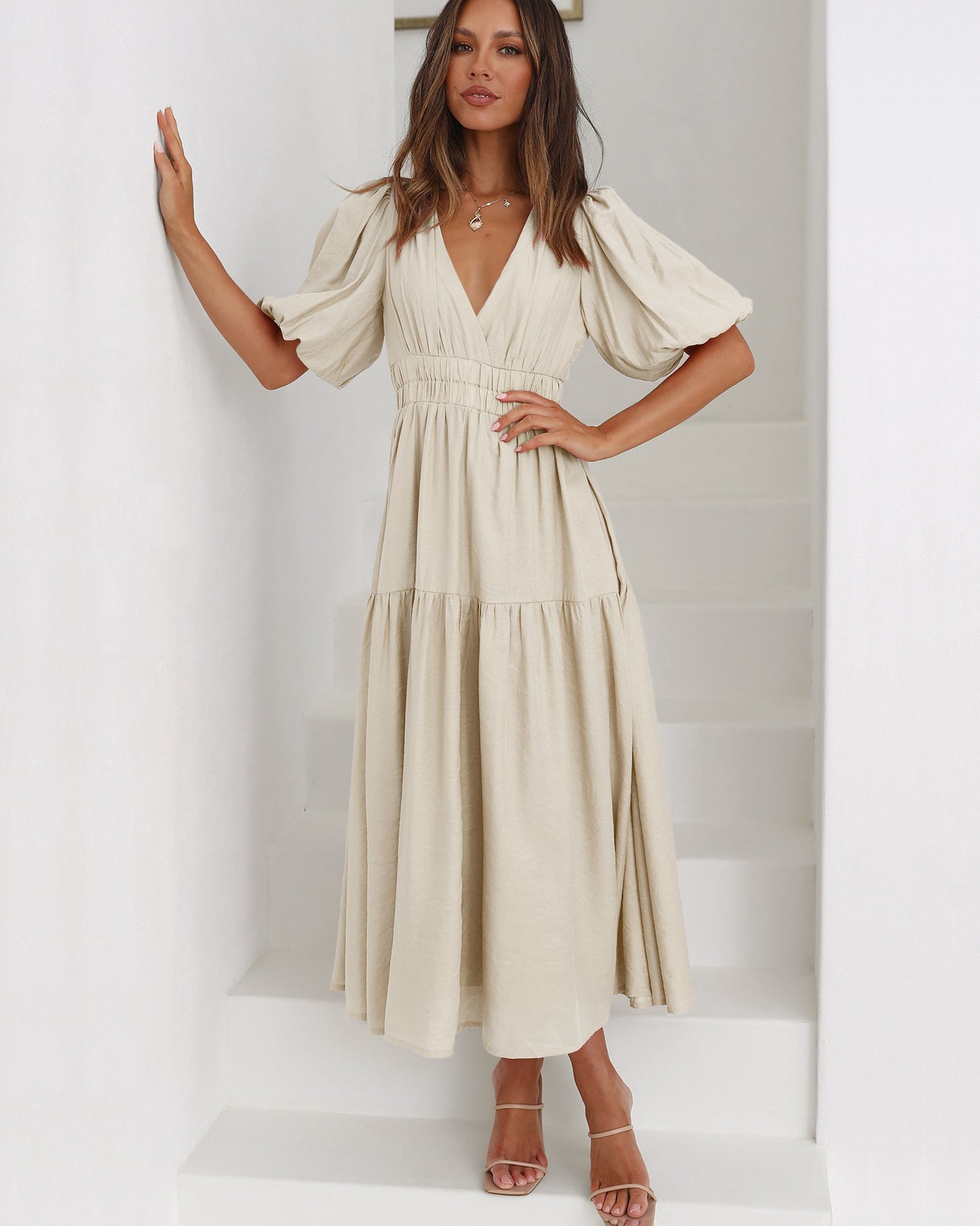 Women’s V-Neck Midi Dress with Tiered Hem and Short Puff Sleeves - Sofia Maris