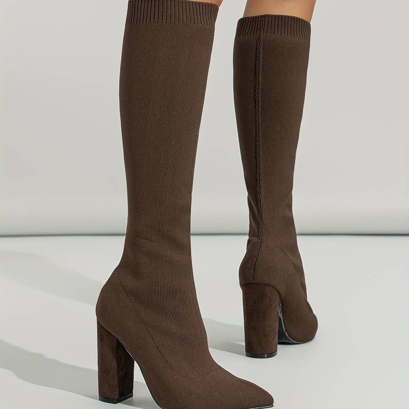 Isla Ribbed Knit Block Heel Sock Boots | Solid Knee-High Sock Boots