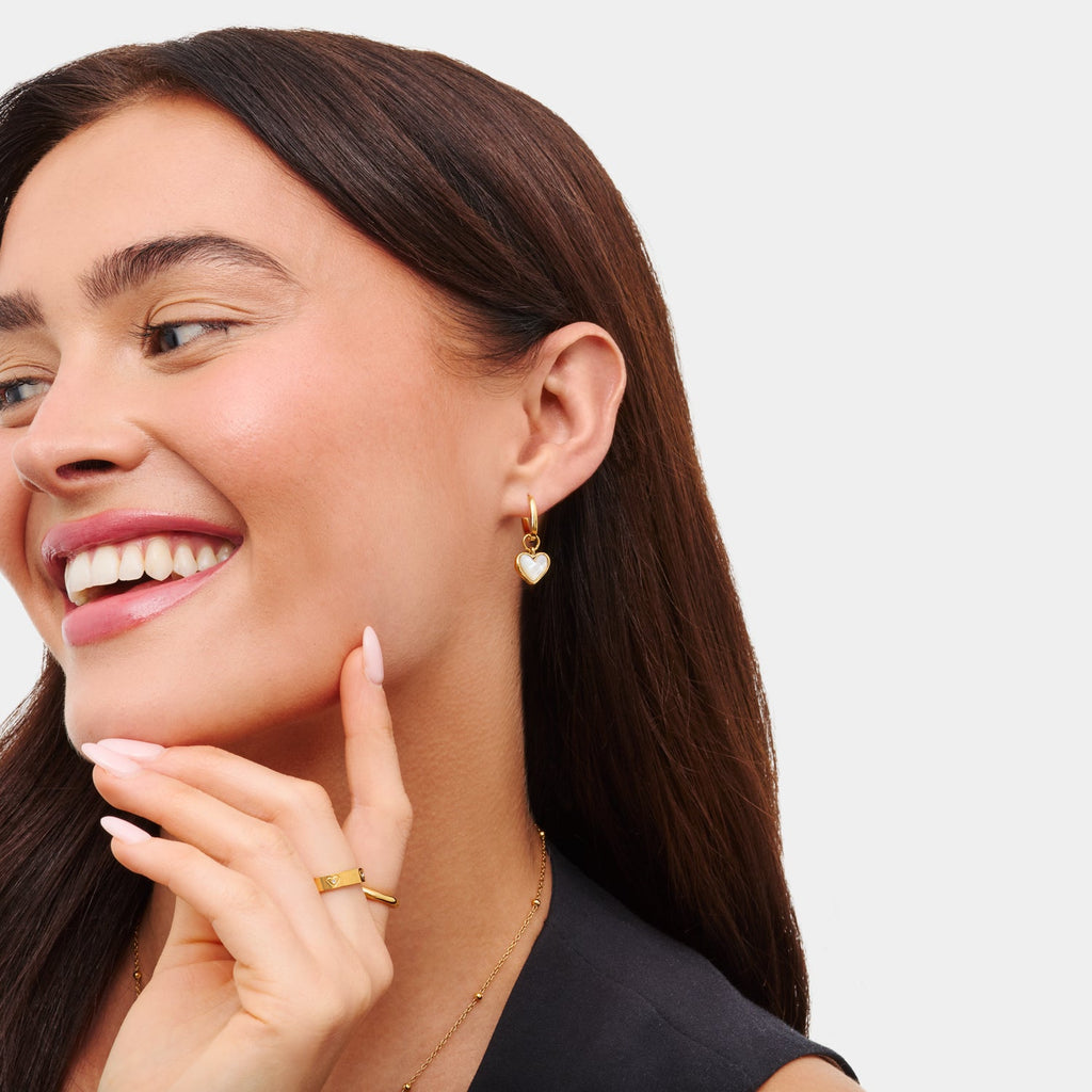 White Quartz Heart Huggie Abbott Earrings (Gold)