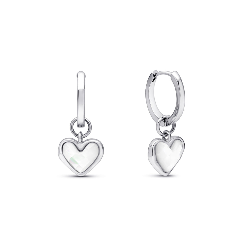 White Quartz Heart Huggie Abbott Earrings (Silver)