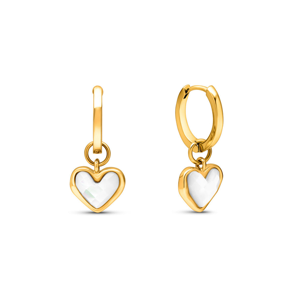 White Quartz Heart Huggie Abbott Earrings (Gold)