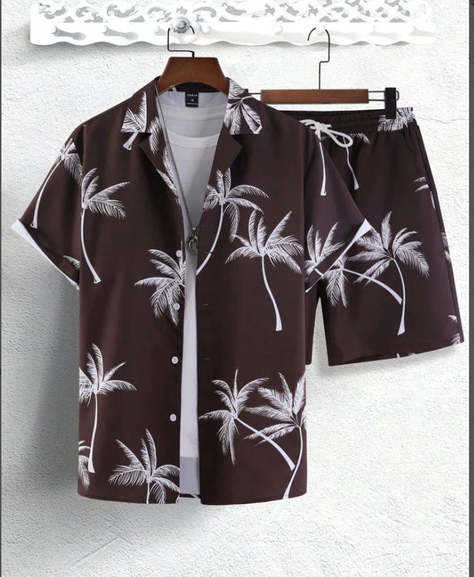 Men’s Palm Print Short Sleeve Shirt and Drawstring Shorts Two Piece Summer Set