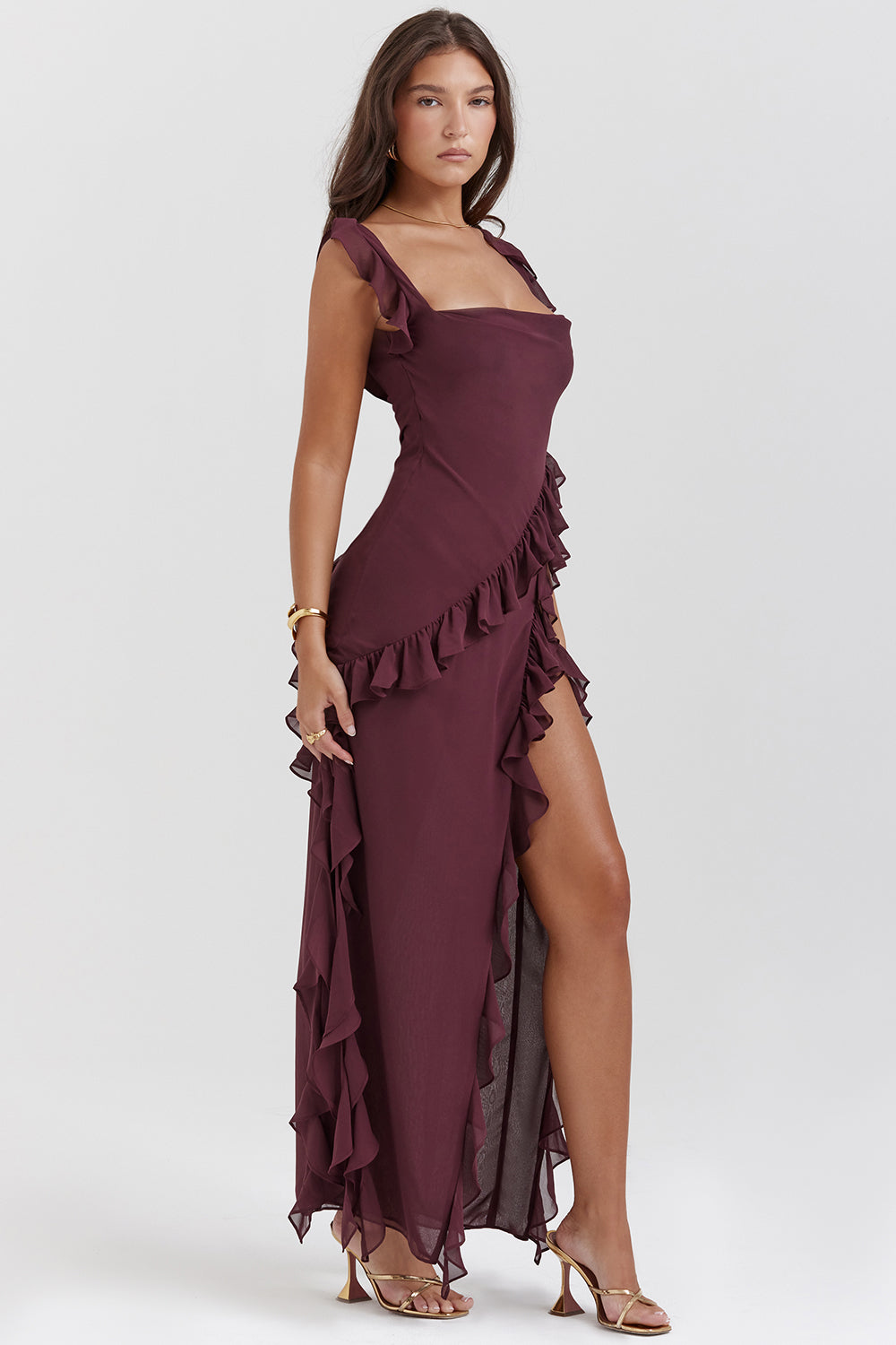 Women's Elegant Ruffle Maxi Dress with Thigh Split - Sofia Maris