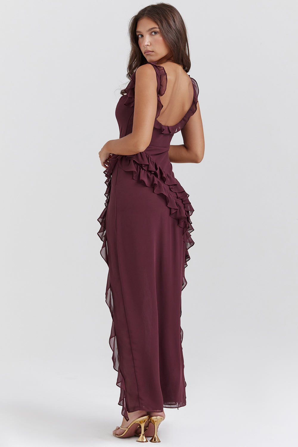 Women's Elegant Ruffle Maxi Dress with Thigh Split - Sofia Maris