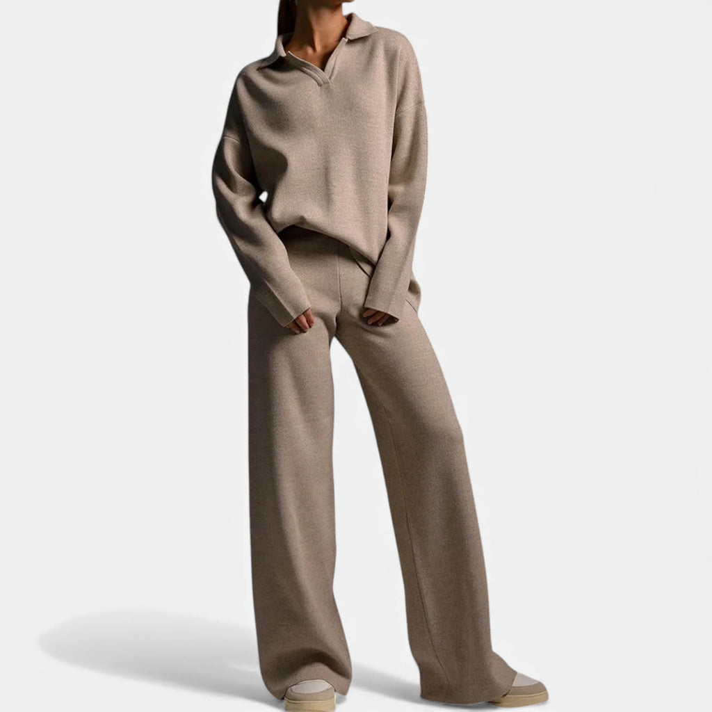 Women’s Cashmere-Feel Polo Lounge Set with Elegant Knit Detail - Sofia Maris