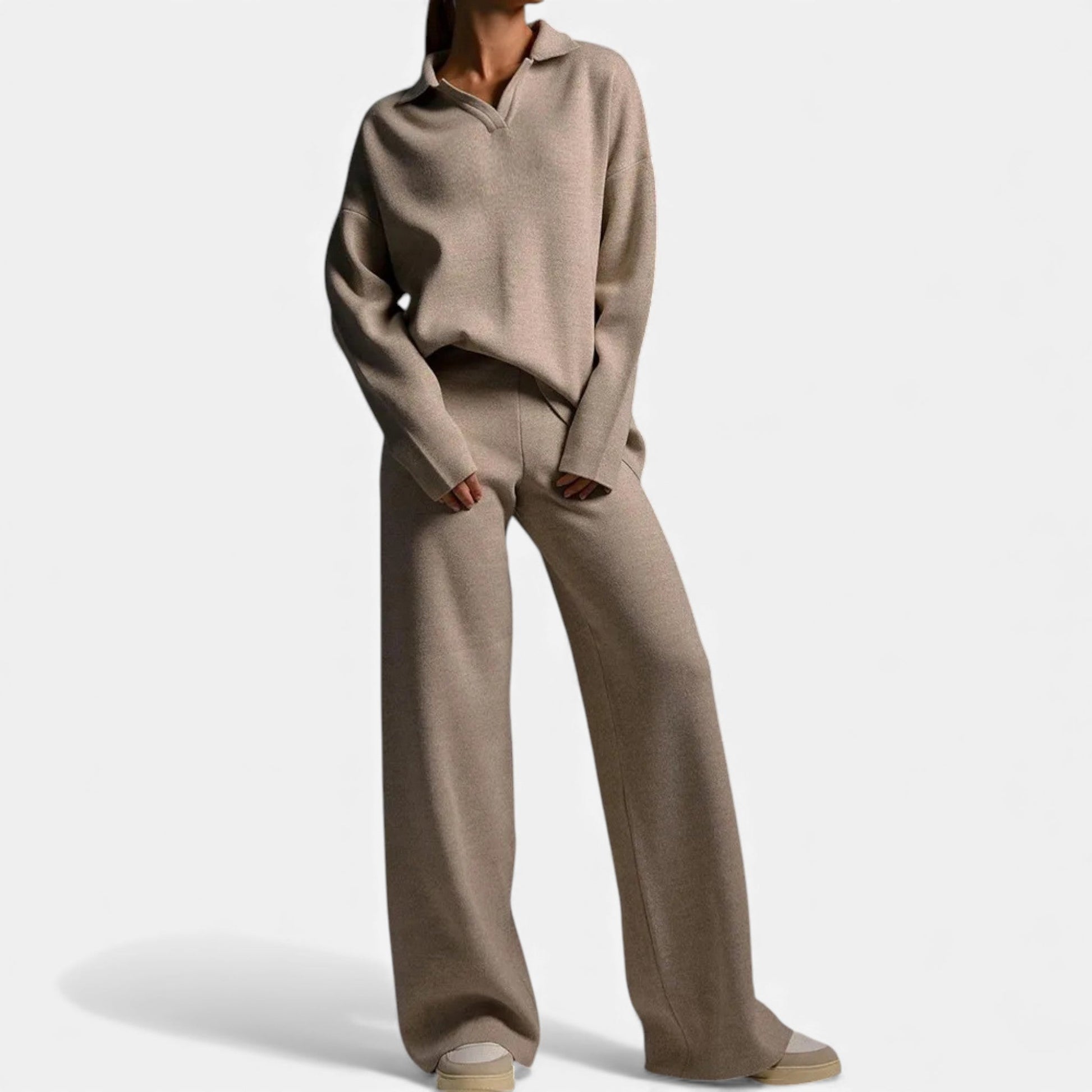 Women’s Cashmere-Feel Polo Lounge Set with Elegant Knit Detail - Sofia Maris