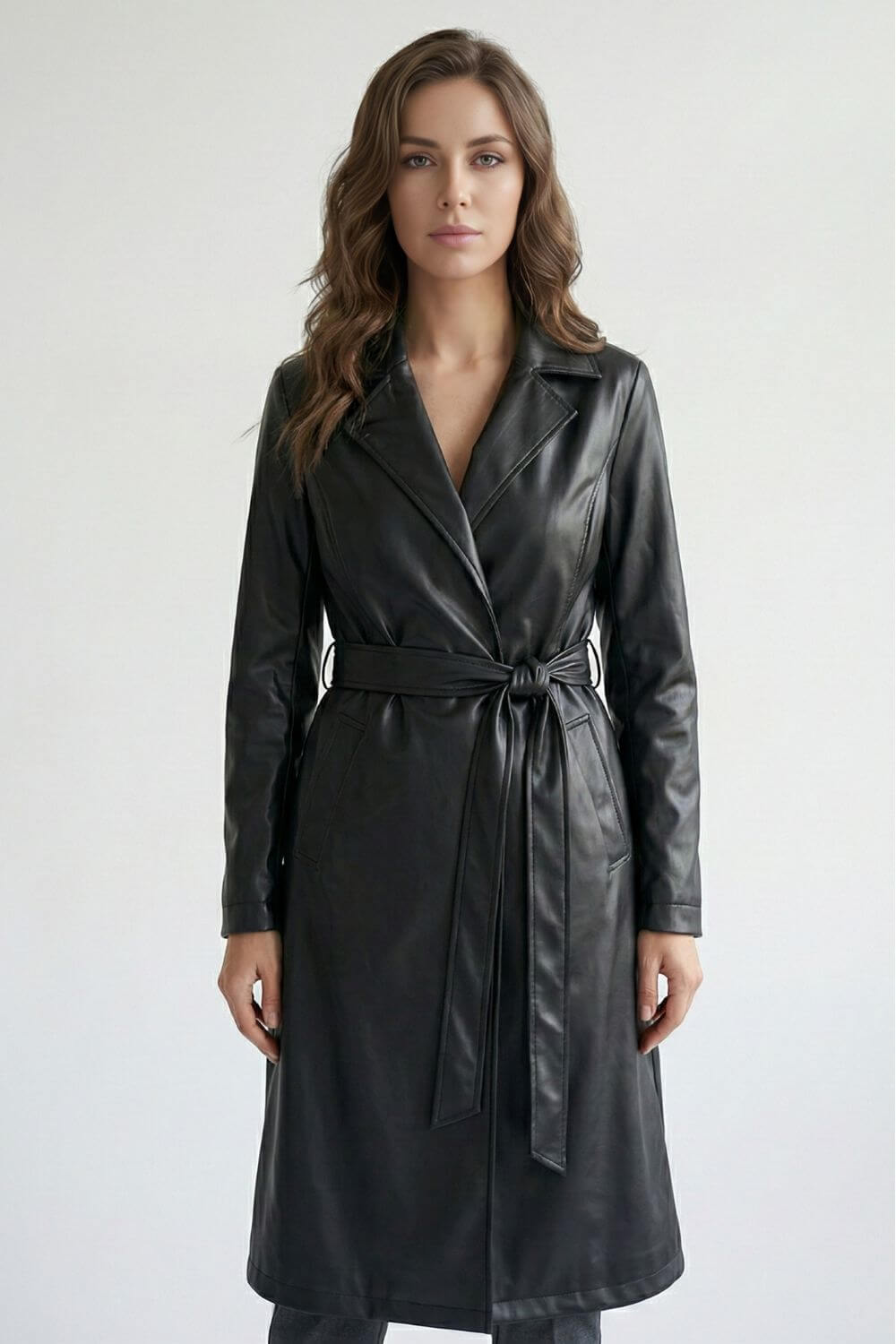 Sofia Maris | Women’s Black Faux Leather Long Coat with Belt