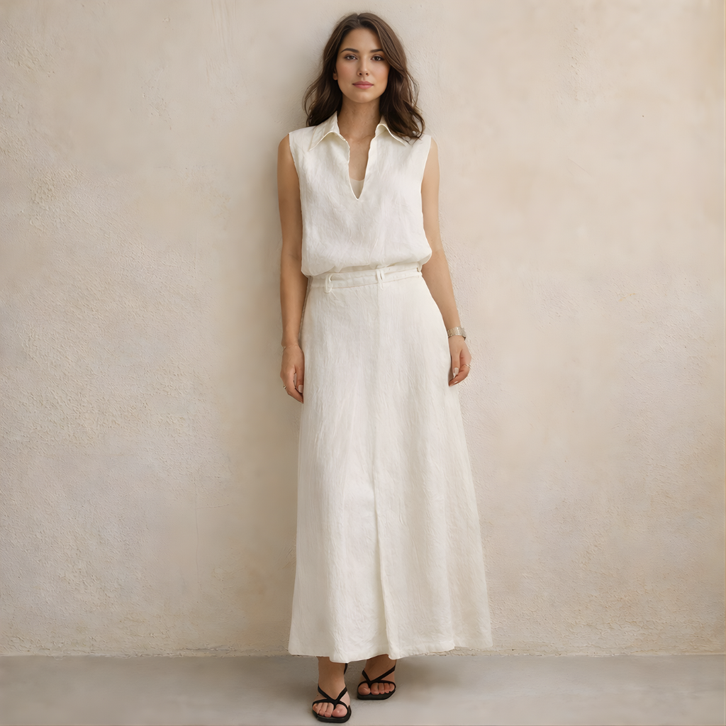 Women's Linen Co-ord Set: Sleeveless V-Neck Shirt & Skirt