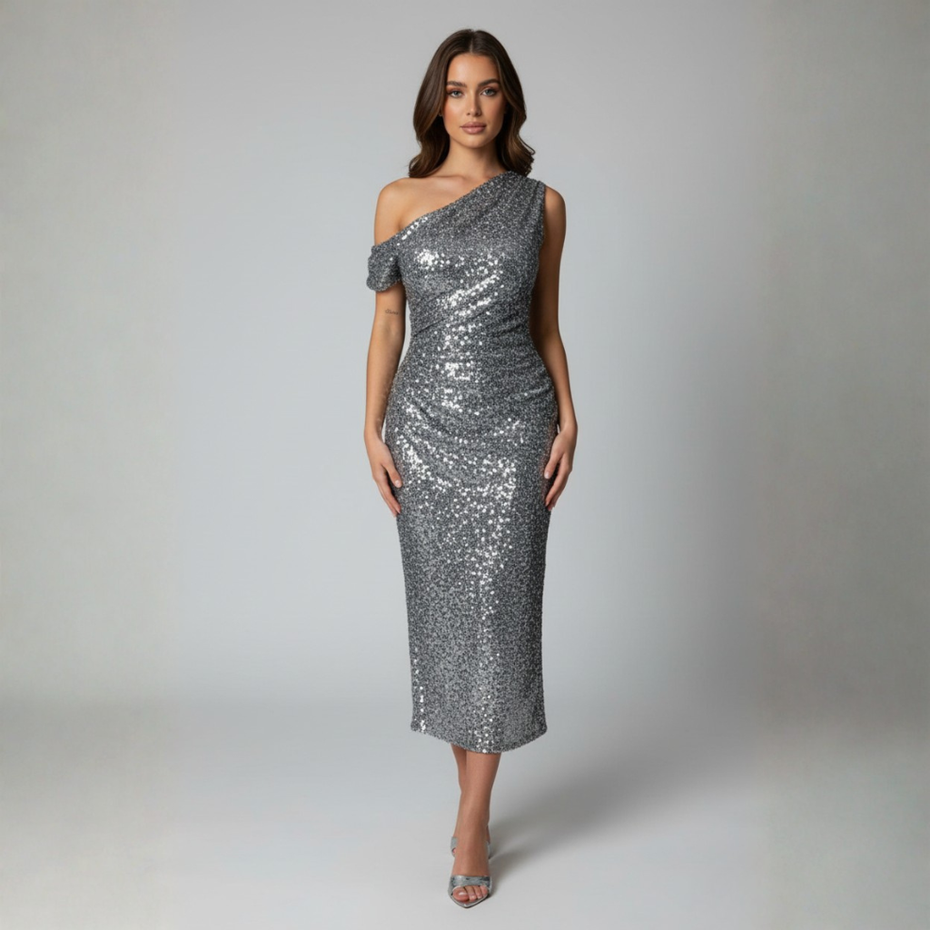 Sofia Maris Women's Off-Shoulder Sequin Midi Dress – Elegant Wedding Guest & Cocktail Style