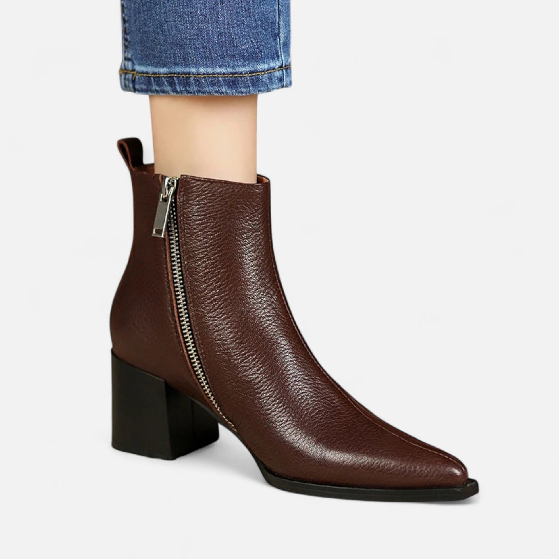 Women’s Genuine Leather Chelsea Boots – Pointed Toe Square Heel - Sofia Maris