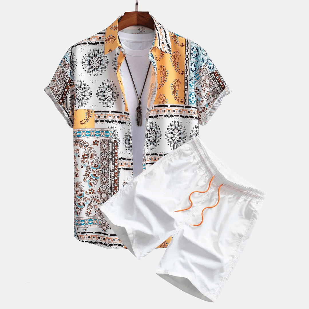 Men’s Short Sleeve Printed Shirt and Drawstring Shorts Two-Piece Set