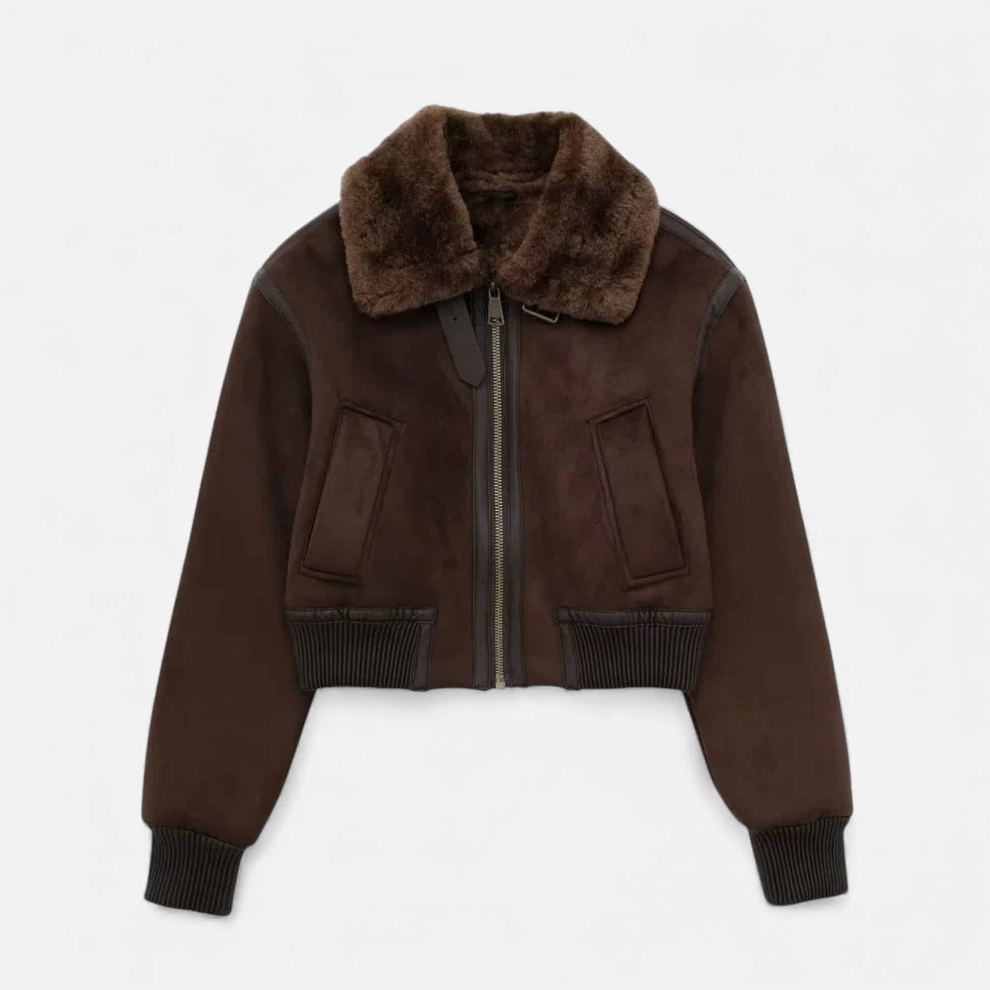 Women’s Brown Bomber Jacket, Luxe Faux Fur Trim