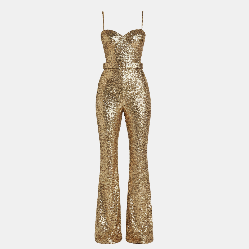 Lucinda Sequin Jumpsuit for Women – Chic Gold Flared Elegance