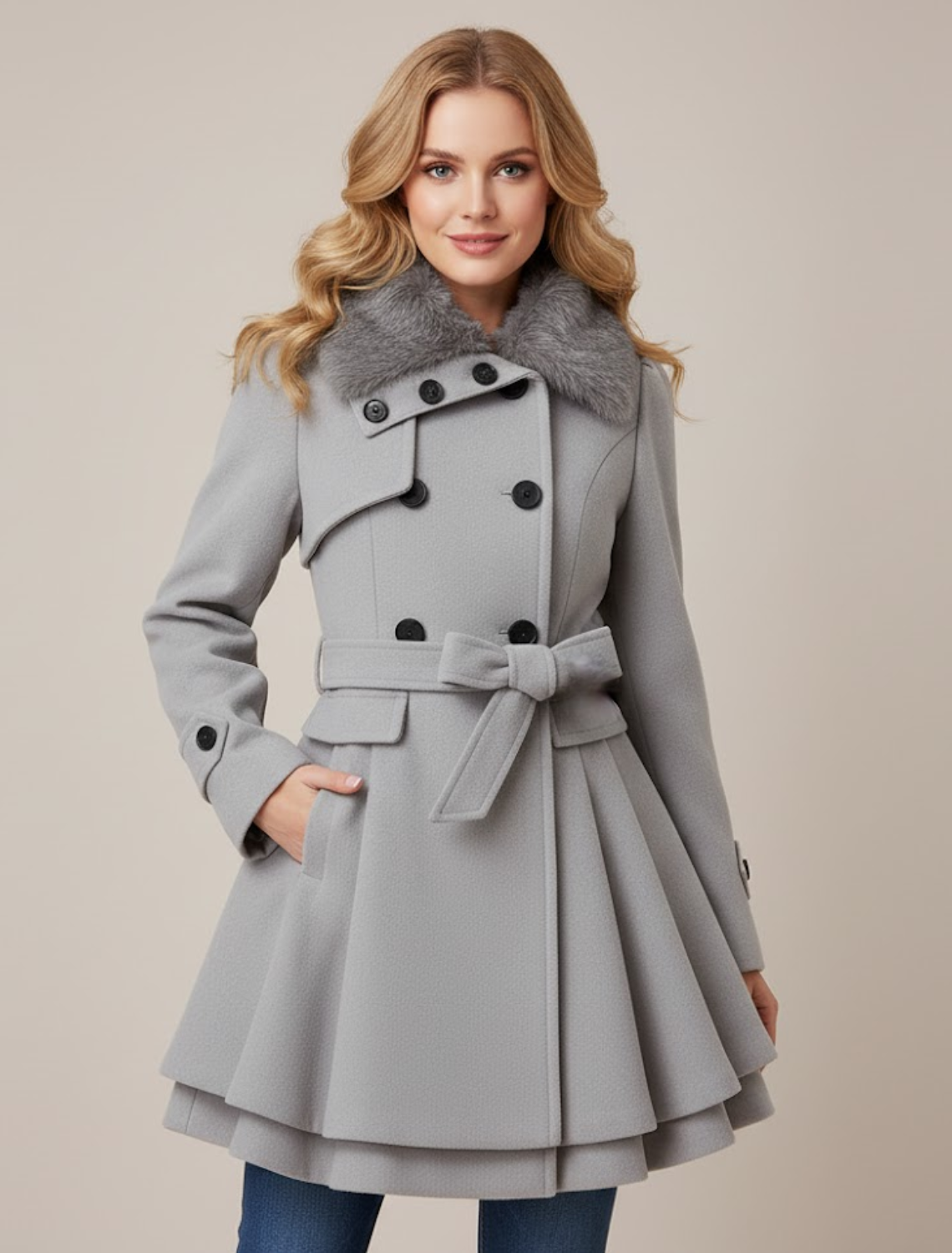 Women’s Double-Breasted Belted Coat – Flared Silhouette with Faux Fur Collar