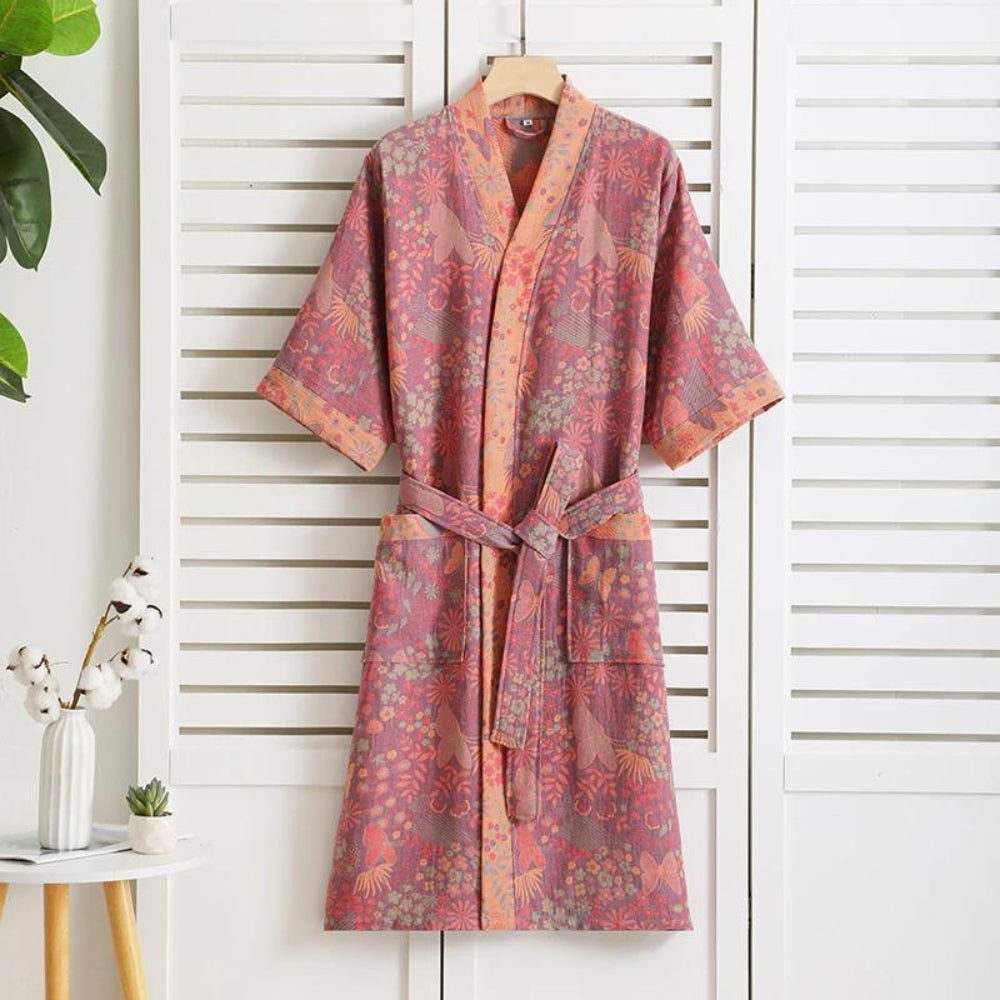 Women's Floral Kimono Style Bath Robe with Belt and Pockets - Sofia Maris