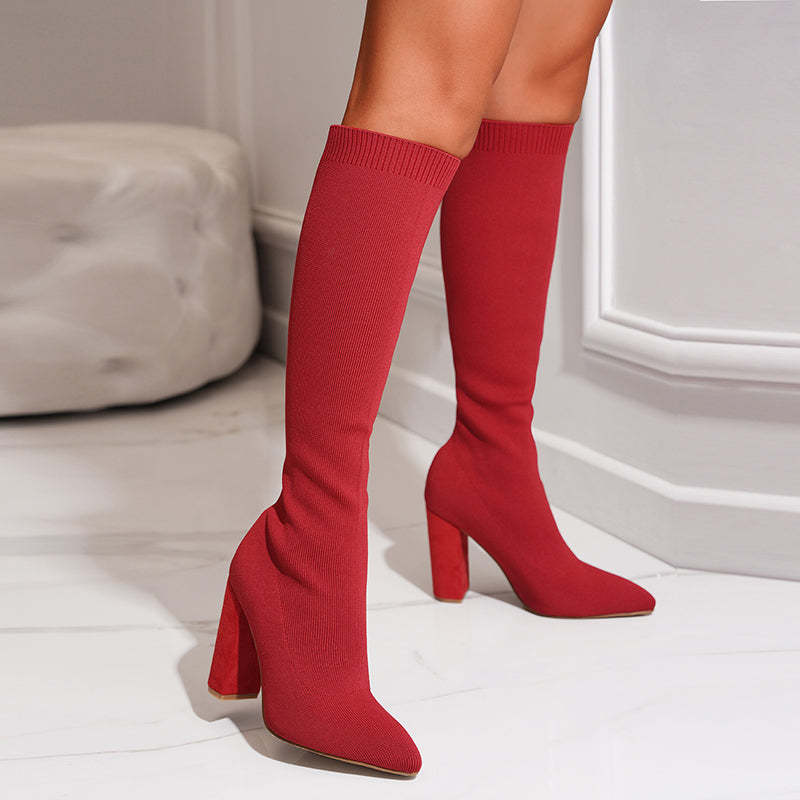 Isla Ribbed Knit Block Heel Sock Boots | Solid Knee-High Sock Boots