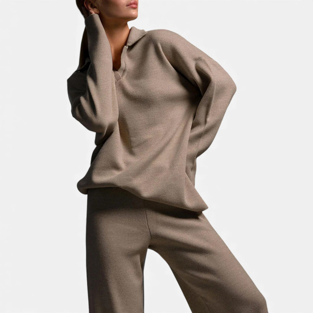 Women’s Cashmere-Feel Polo Lounge Set with Elegant Knit Detail - Sofia Maris