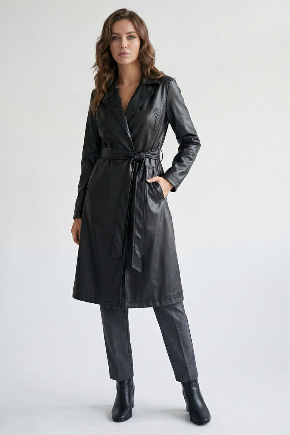 Sofia Maris | Women’s Black Faux Leather Long Coat with Belt