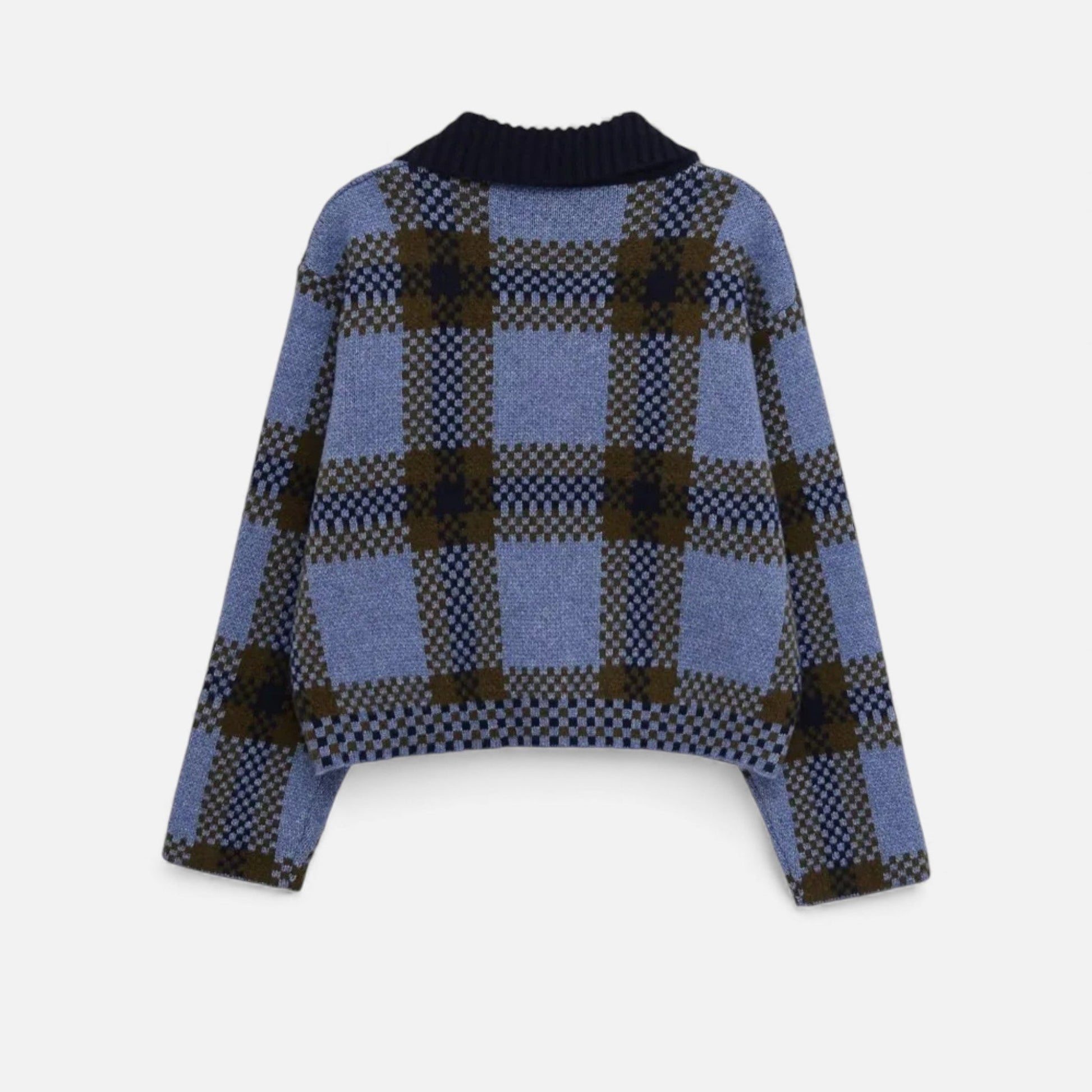 Women’s Plaid Knitted Zipper Jacket with Turn-Down Collar