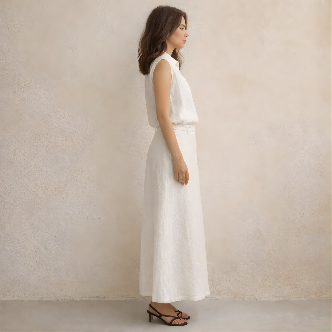Women's Linen Co-ord Set: Sleeveless V-Neck Shirt & Skirt