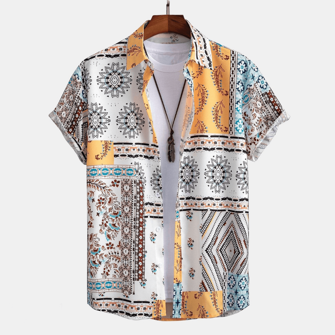 Men’s Short Sleeve Printed Shirt and Drawstring Shorts Two-Piece Set