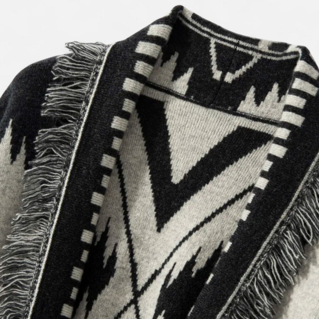 Women’s 100% Cashmere Tassel Cardigan – Vintage Jacquard Elegance - Sofia Maris