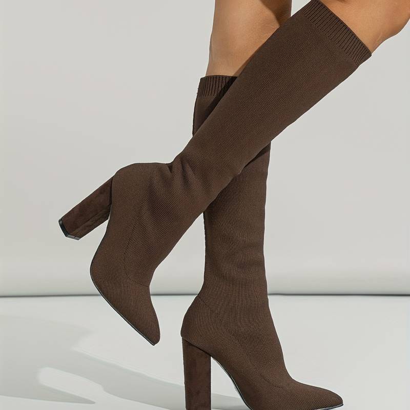 Isla Ribbed Knit Block Heel Sock Boots | Solid Knee-High Sock Boots