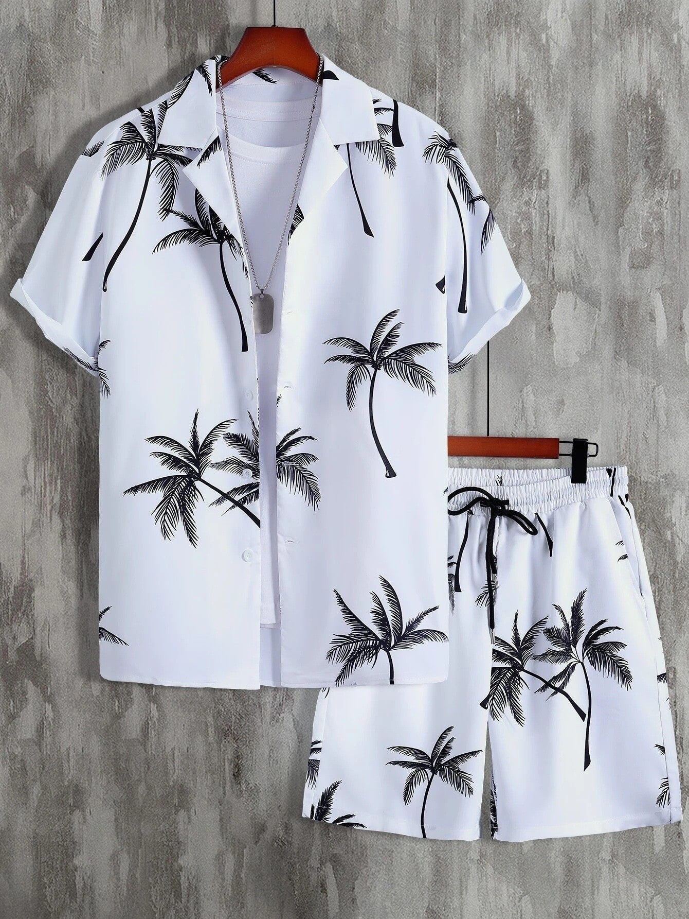 Men’s Palm Print Short Sleeve Shirt and Drawstring Shorts Two Piece Summer Set