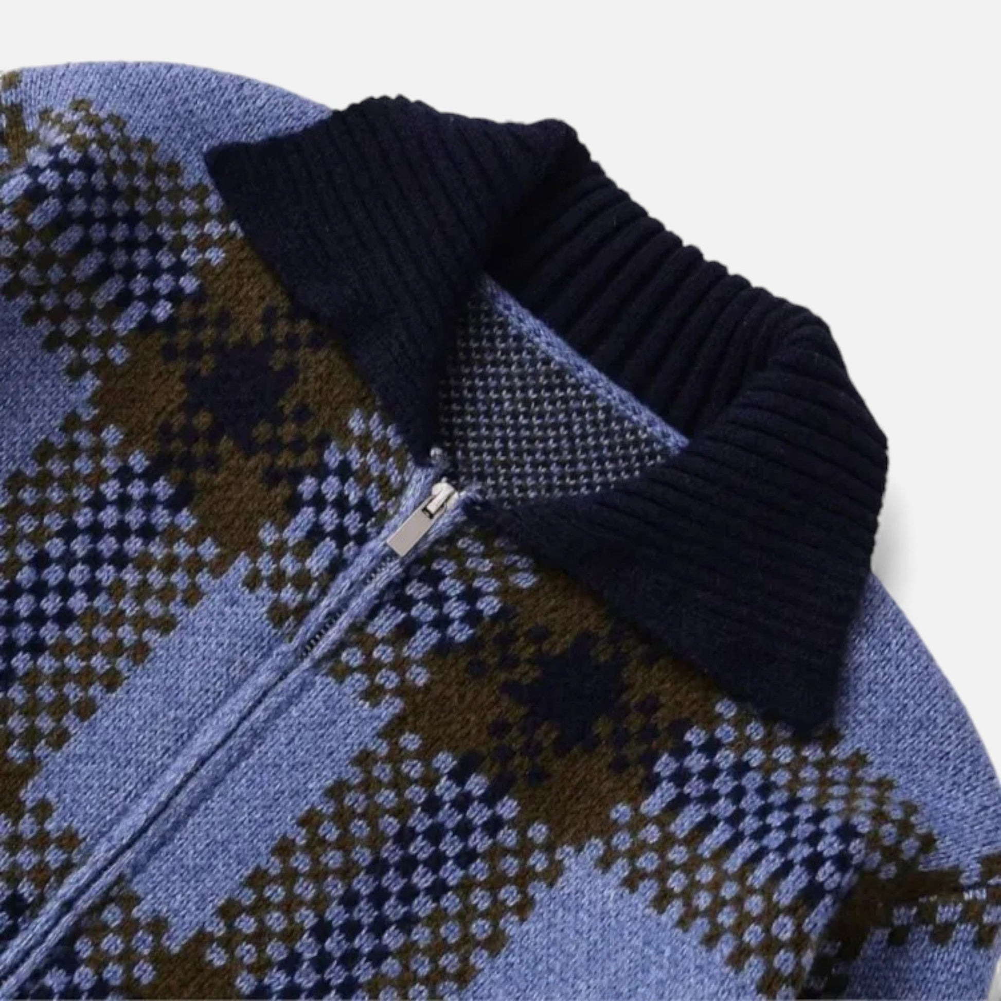 Women’s Plaid Knitted Zipper Jacket with Turn-Down Collar