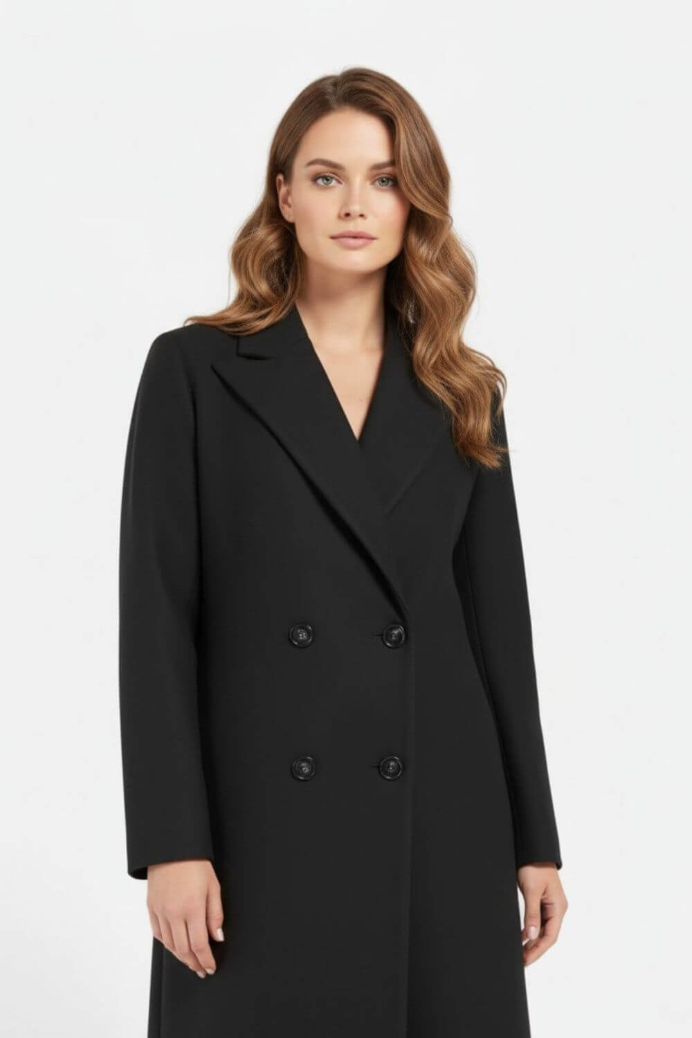 Sofia Maris Women’s Long Double-Breasted Coat – Timeless Black Sophistication - Sofia Maris